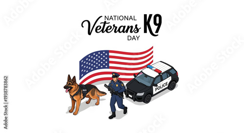 Illustration of a police officer with two dogs standing next to a police car and an American flag on National K9 Veterans Day.