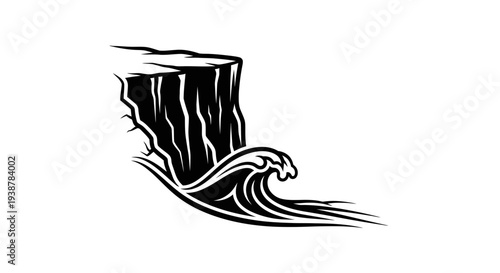 Stylized monochrome vector illustration of a powerful ocean wave crashing against a rugged coastal