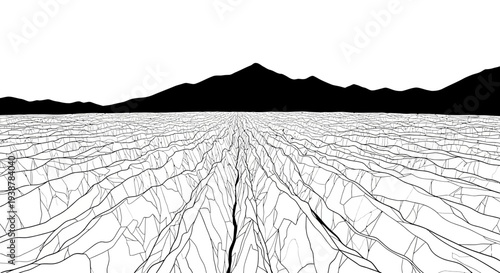 Abstract monochrome landscape with fractured terrain and distant mountain silhouettes under a