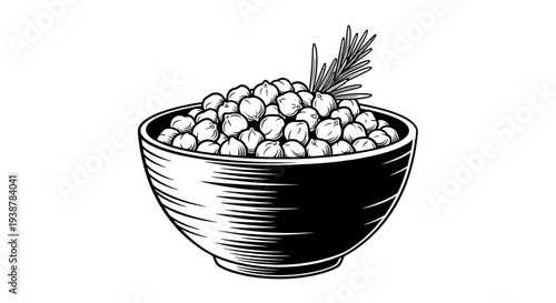 Monochromatic illustration of a bowl filled with wholesome chickpeas and aromatic rosemary