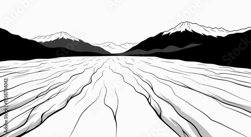 Monochrome illustration of an expansive frozen terrain featuring distant snow-capped mountains and