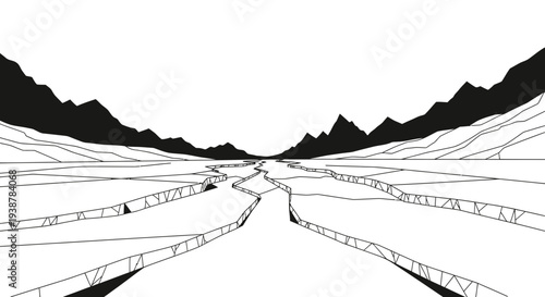 Monochrome cracked ice landscape with towering mountains and dramatic fissures leading to the
