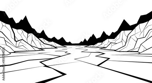 Stark monochrome depiction of a desolate arctic valley with fractured ice and imposing peaks