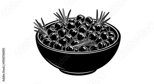 Stylized black and white illustration of a bowl brimming with legumes and fresh aromatic herbs,