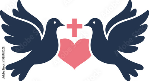 Stylized vector illustration of two flying pigeons with a pink heart and cross symbol for peace love hope religious faith and spiritual branding