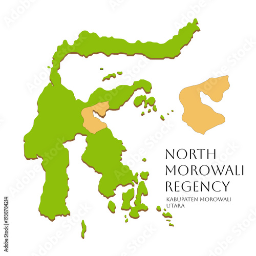 Icon of Central Sulawesi island map with highlighted North Morowali Regency area, green Indonesian islands illustration featuring regional map design of Sulawesi Tengah, Indonesia vector graphic