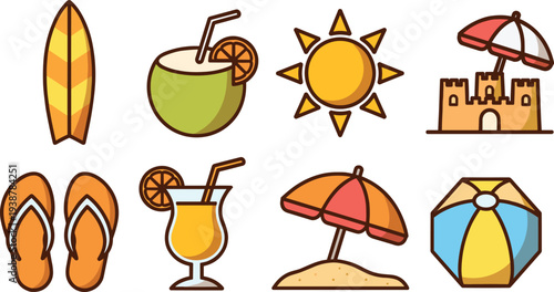 Summer Beach Icon Set with Surfboard, Coconut Drink, Sun, Sandcastle and Umbrella, Colorful Vacation Travel Vector Illustration Collection Isolated on White Background