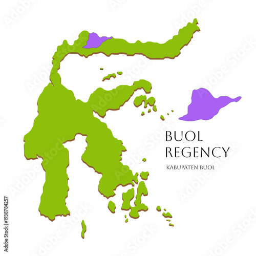 Icon of Central Sulawesi island map with highlighted Buol Regency area, green Indonesian islands illustration featuring regional map design of Sulawesi Tengah, Indonesia vector graphic