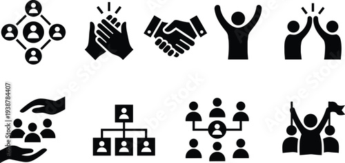 Teamwork and collaboration icon set with people network, handshake, support, leadership and success symbols, business partnership and community cooperation vector pictogram collection