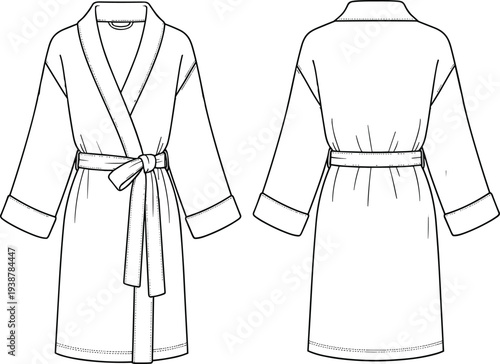 Technical fashion flat sketch of classic bathrobe with shawl collar, long sleeves and belt, front and back view vector illustration for apparel design templates.