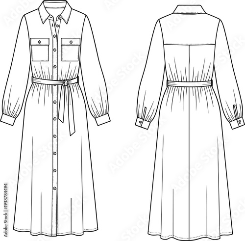Technical fashion flat vector illustration of a long sleeve button down midi shirt dress with a waist tie and chest pockets for design