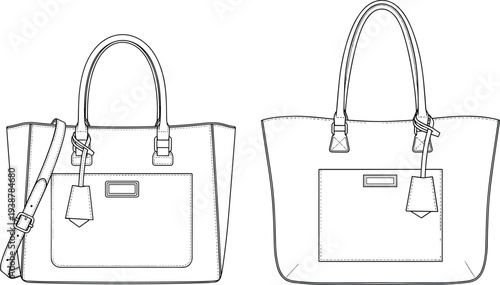 Technical Vector Illustration of a Classic Leather Tote Bag Set with Front Pocket Detail, Crossbody Strap, and Top Handles for Fashion Design Product Mockup