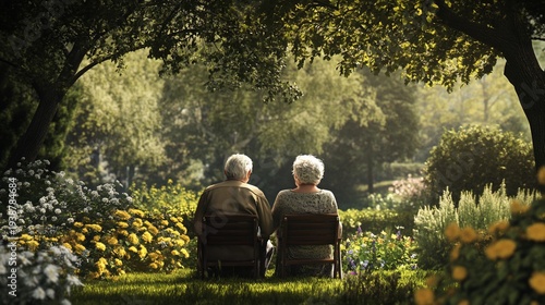 Elderly couple cherishing moments together in tranquil garden setting