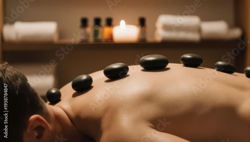 A person receiving a hot stone massage.  Dark stones are placed on their back.  Soft lighting, spa ambiance