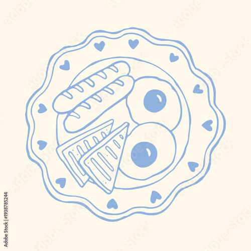 Hand drawn breakfast plate with fried eggs, sandwich and sausages in blue outline style. Minimalist brunch vector illustration ideal for cafe menu, restaurant branding and food packaging design