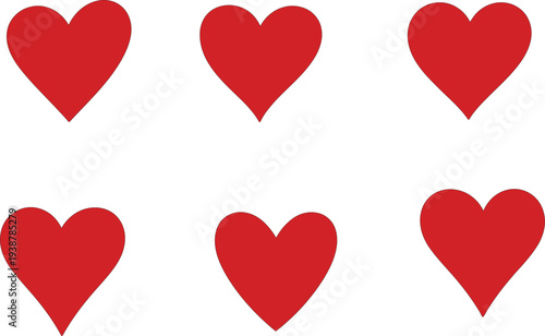 Six red hearts on white background