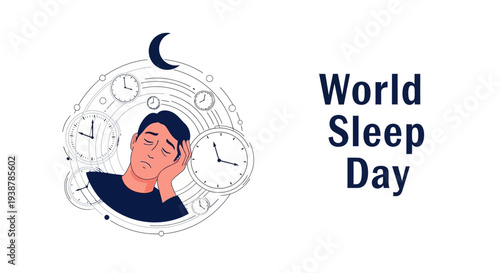 Illustration design for World Sleep Day 2026 promoting healthy sleep concept with a sleepy man and clocks in a vector graphic.