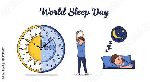 Illustration of World Sleep Day campaign with a person yawning, sleeping, and a clock, promoting sleep health awareness and healthy sleep concept.