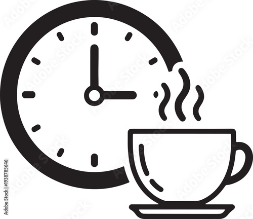 Coffee cup and wall clock icon representing a break time or morning routine.