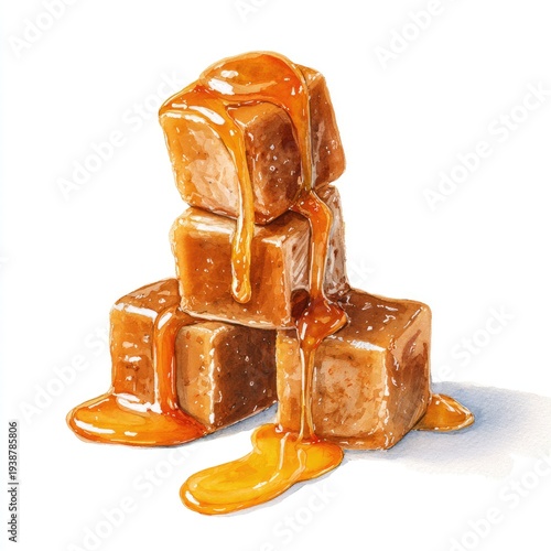 Watercolor rendering of a stack of square caramel candies, dripping with gooey sauce