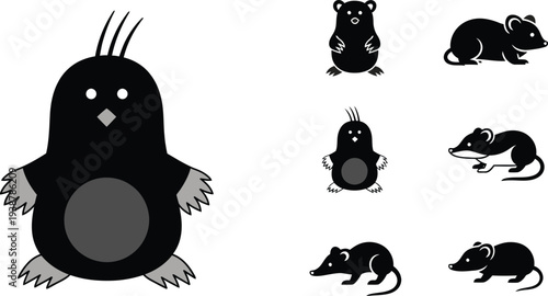 Collection of cartoon mole illustrations in various poses and views