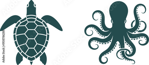 Sea turtle and octopus silhouette illustrations