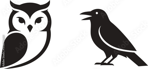Contrasting silhouettes of an owl and a crow in black and white