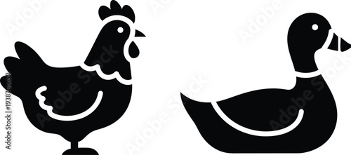 Two black silhouettes of chickens or roosters on a white background