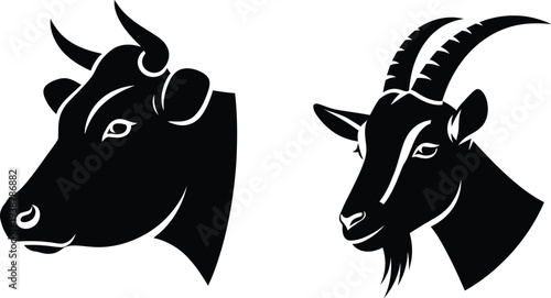 Black and white illustration of two goat heads with distinctive horns and facial features