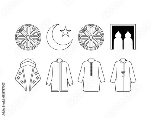 A set of Islamic vector graphics and clothing illustrations on transparent background
