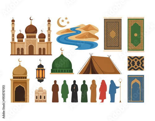 A colorful vector graphic illustration of Islamic symbols and architecture on transparent background