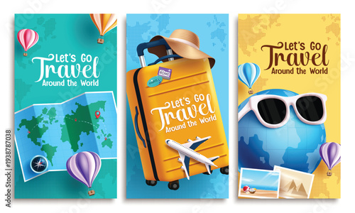 Travel template clipart poster set design. Let's go Travel text clip art with location map, luggage bag and globe traveler elements for holiday maker travelling and explore around the world banner 