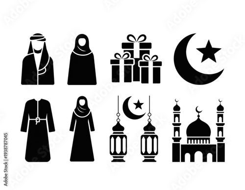 A set of black Islamic icons and symbols on transparent background