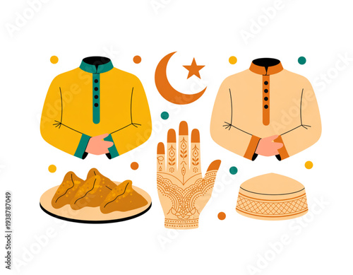 A vibrant illustration of traditional Eid al-Fitr clothing and symbols on transparent background