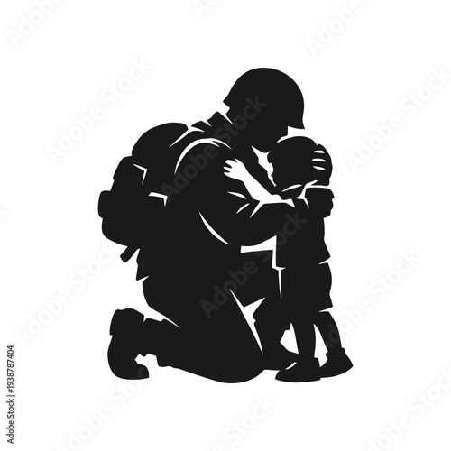 silhouette of soldier and a child huging each other full of love and peace