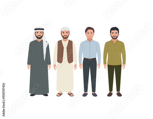 A vector graphic illustration of four diverse men in different traditional and modern attire on transparent background