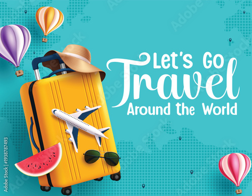 Travel template clipart design. Let's go Travel around the world text clip art in blue background for travel adventure and vacation journey with traveler elements vector illustration.
