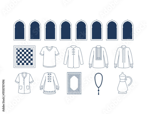 A minimalist vector graphic illustration of various Middle Eastern and Islamic cultural symbols and clothing on transparent background