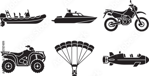 Collection of diverse vehicle silhouettes including a rigid inflatable boat speed boat dirt bike atv parachute and submarine isolated on a white background representing transportation and adventure