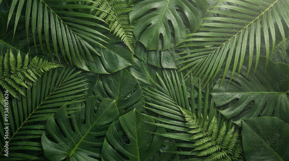 Fototapeta premium Dense tropical leaf pattern background in lush deep green tones, natural botanical surface perfect for eco brand wellness company or tropical lifestyle design