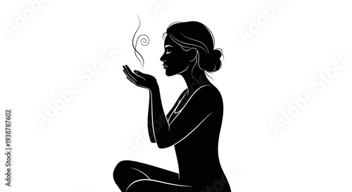 Tranquil woman in profile, experiencing aromatic bliss with closed eyes and cupped hands,