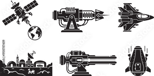Silhouette of various military and space vehicles in black on white background