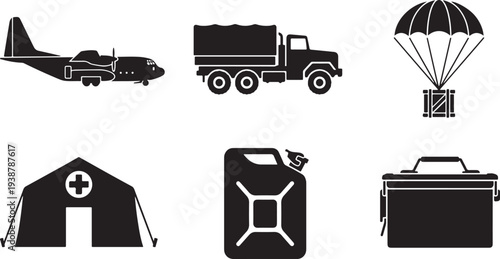 Set of 6 black silhouette military and humanitarian aid icons vector, including cargo plane, truck, parachute drop, medical tent, jerry can, and supply box for emergency relief and logistics