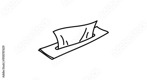 Simple hand-drawn line art illustration of a tissue box with a single tissue emerging from the