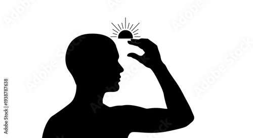 Conceptual image of a person's silhouette holding a rising sun symbol above their head signifying