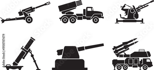 Silhouette military weapons collection tanks missiles and artillery on various vehicles