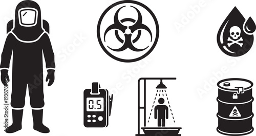 Hazardous materials silhouette icons set including biohazard symbol protective suit toxic barrel and warning signs on white background