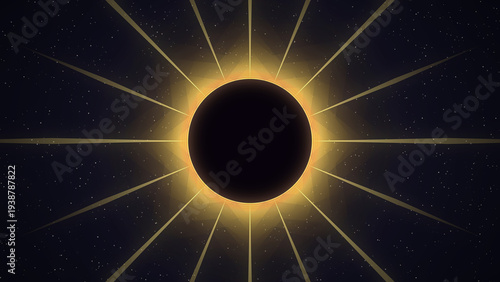 Solar eclipse with dramatic golden corona rays in cosmic black space background
