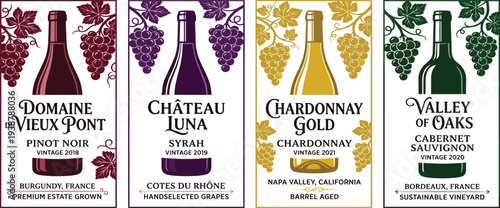 Assorted wine bottles on a white background with grape illustrations and labels