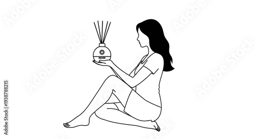 Serene woman embodying tranquil wellness with an elegant reed diffuser in hand, promoting calm